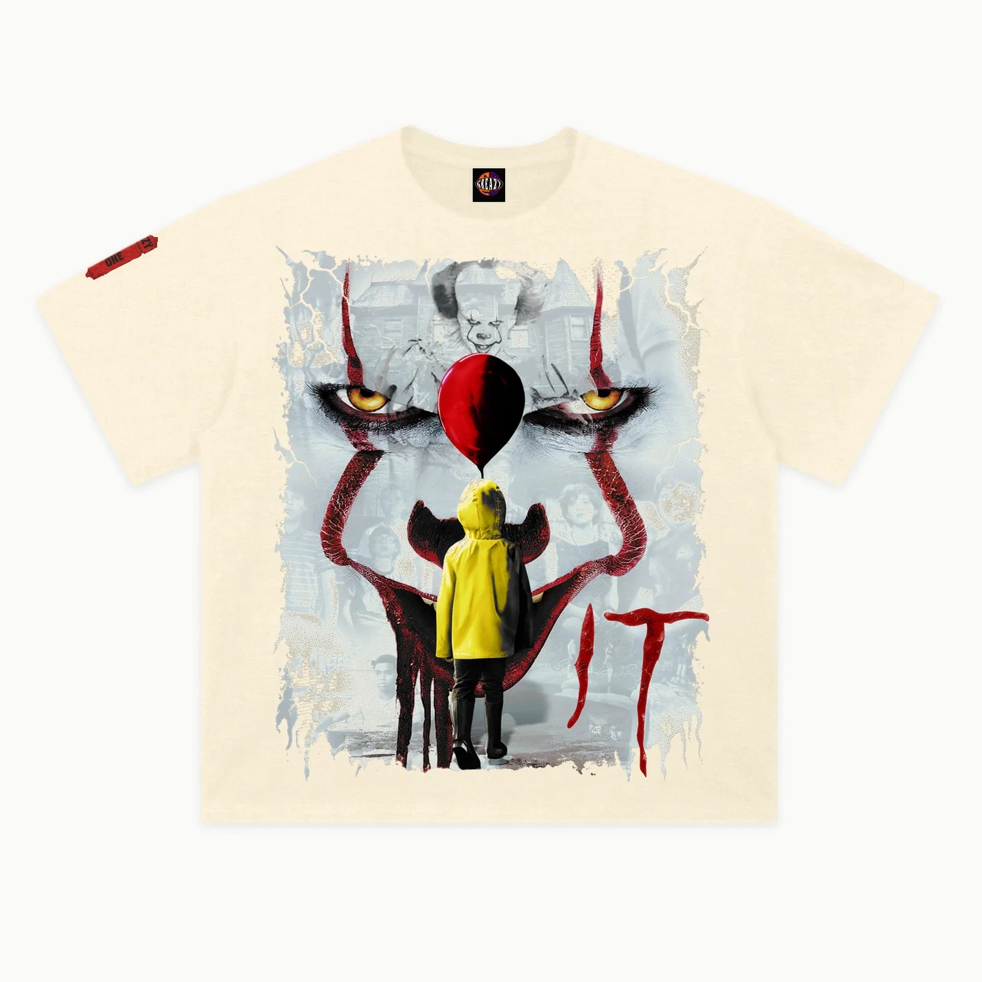 It Tee in Off White, front view — Greazy Tees Drop 7 Halloween
