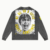 Psycho Long Sleeved Tee in Vintage Grey, back view — Greazy Tees Drop 7 Halloween