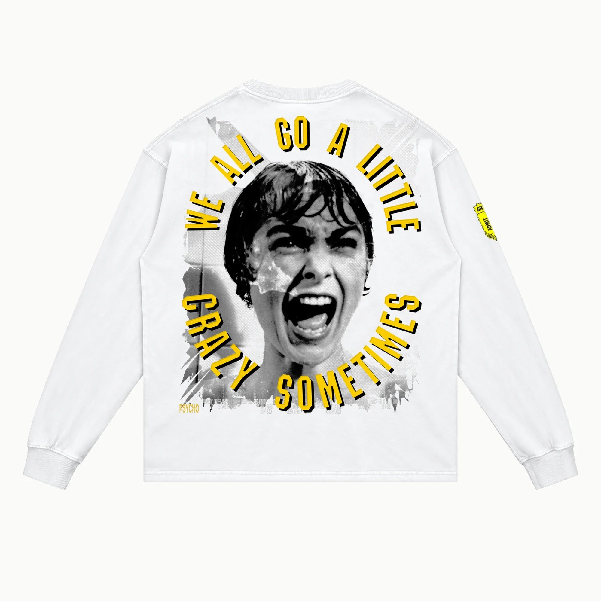 Psycho Long Sleeved Tee in White, back view — Greazy Tees Drop 7 Halloween
