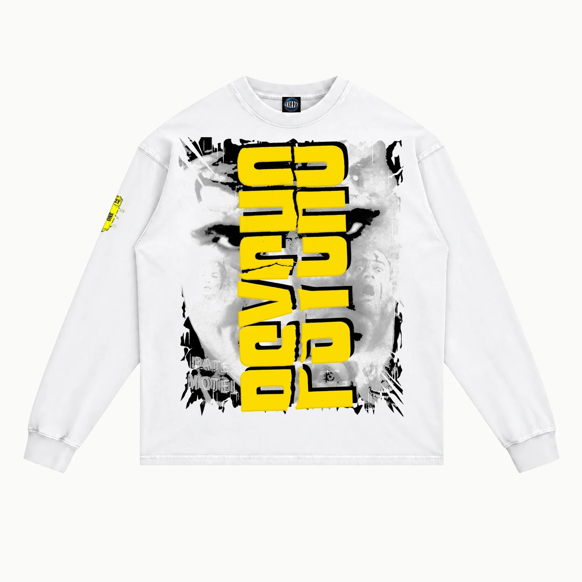 Psycho Long Sleeved Tee in White, front view — Greazy Tees Drop 7 Halloween