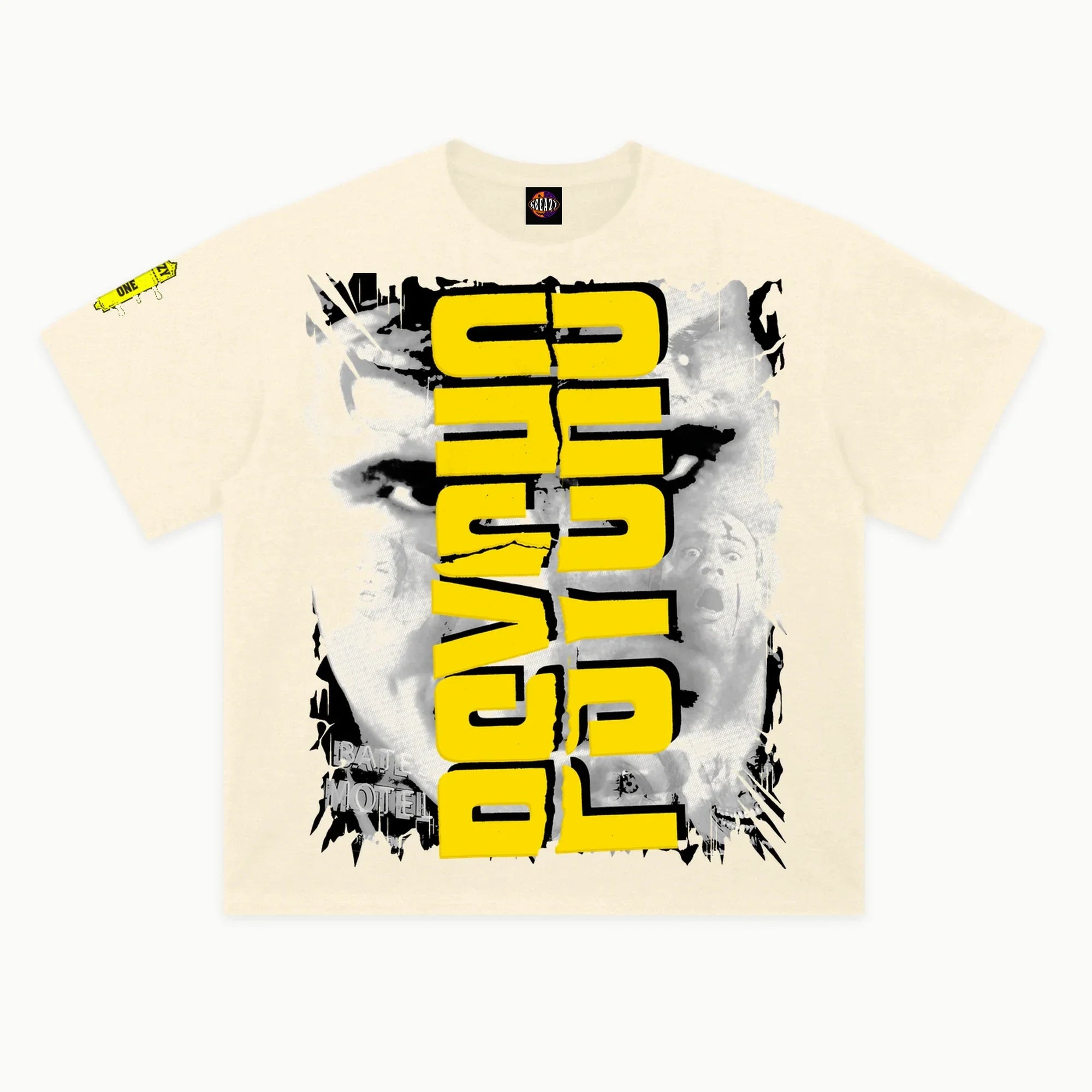 Psycho Tee in Off White, front view — Greazy Tees Drop 7 Halloween