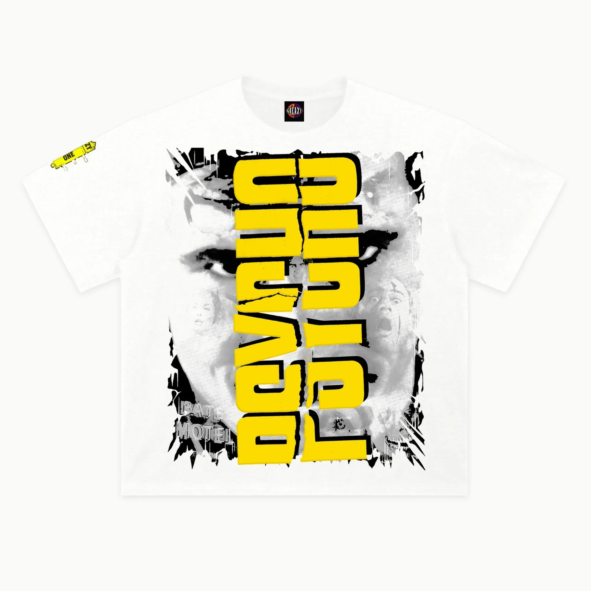 Psycho Tee in White, front view — Greazy Tees Drop 7 Halloween
