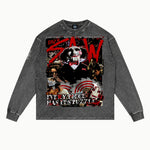 Saw Long Sleeved Tee in Vintage Grey, front view — Greazy Tees Drop 7 Halloween