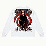 Saw Long Sleeved Tee in White, back view — Greazy Tees Drop 7 Halloween