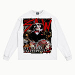 Saw Long Sleeved Tee in White, front view — Greazy Tees Drop 7 Halloween