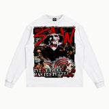 Saw Long Sleeved Tee in White, front view — Greazy Tees Drop 7 Halloween