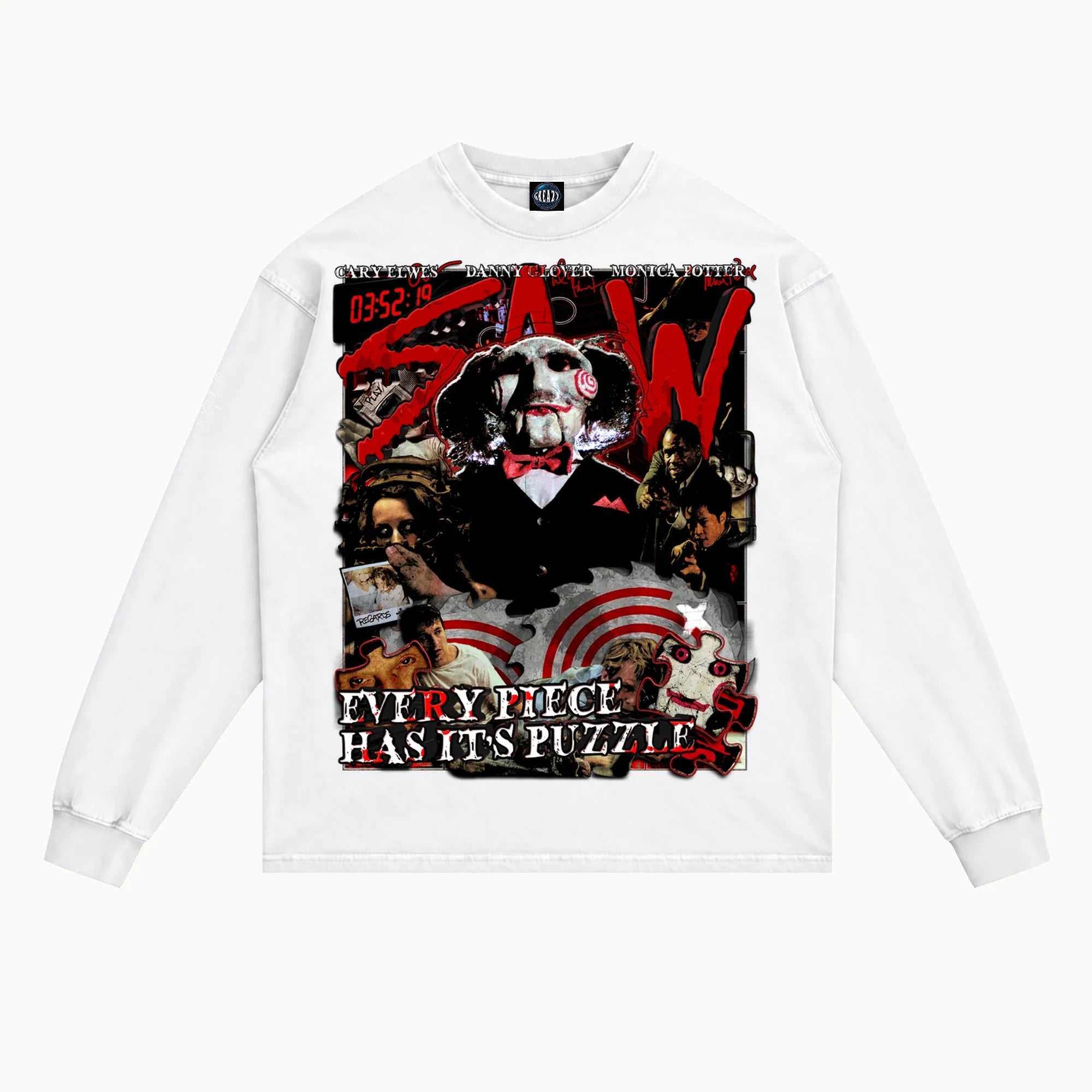 Saw Long Sleeved Tee in White, front view — Greazy Tees Drop 7 Halloween