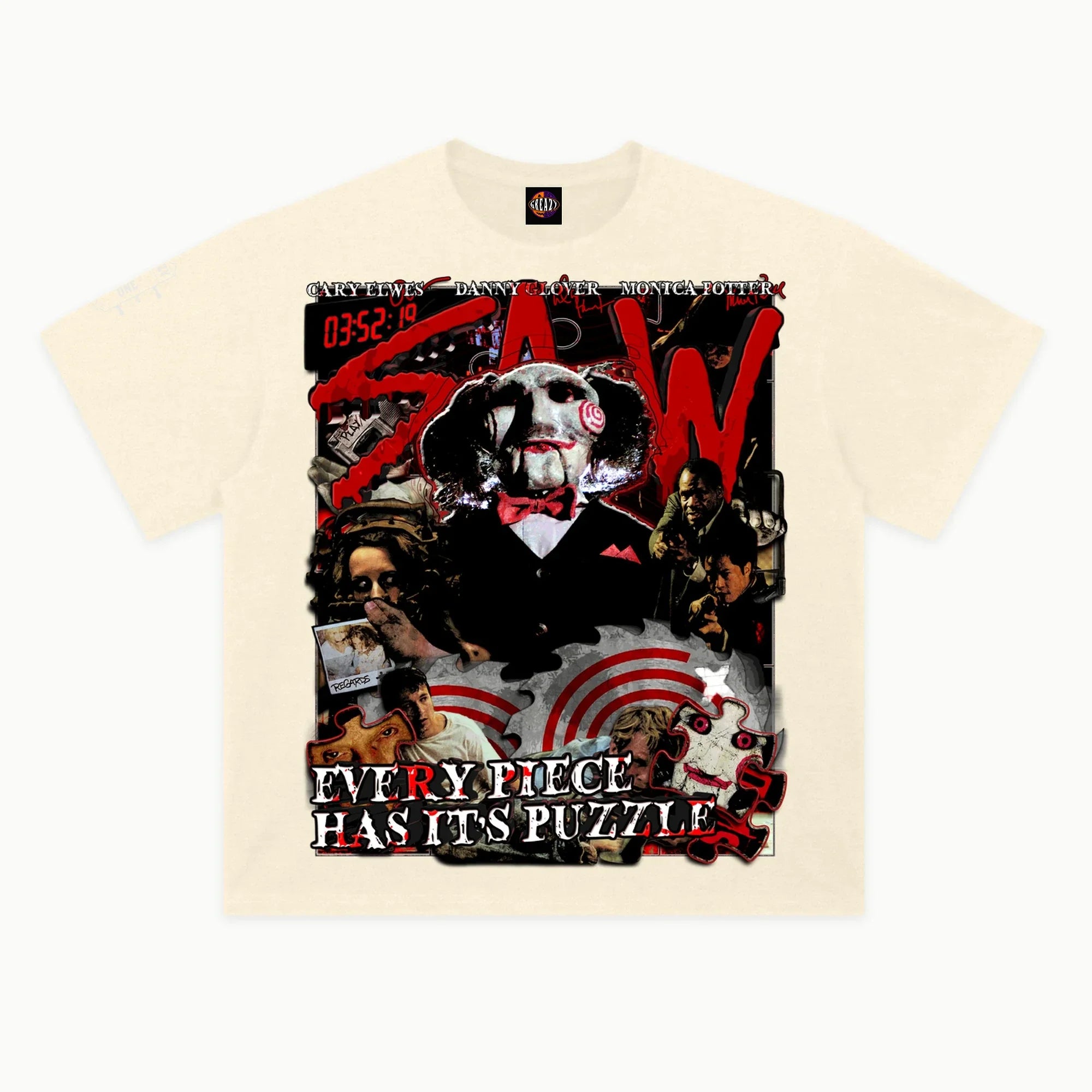 Saw Tee in Off White, front view — Greazy Tees Drop 7 Halloween