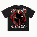 Saw Tee in Vintage Black, back view — Greazy Tees Drop 7 Halloween