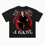 Saw Tee in Vintage Black, back view — Greazy Tees Drop 7 Halloween