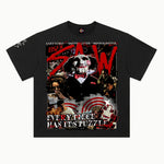 Saw Tee in Vintage Black, front view — Greazy Tees Drop 7 Halloween