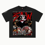 Saw Tee in Vintage Black, front view — Greazy Tees Drop 7 Halloween