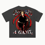 Saw Tee in Vintage Grey, back view — Greazy Tees Drop 7 Halloween