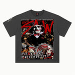 Saw Tee in Vintage Grey, front view — Greazy Tees Drop 7 Halloween