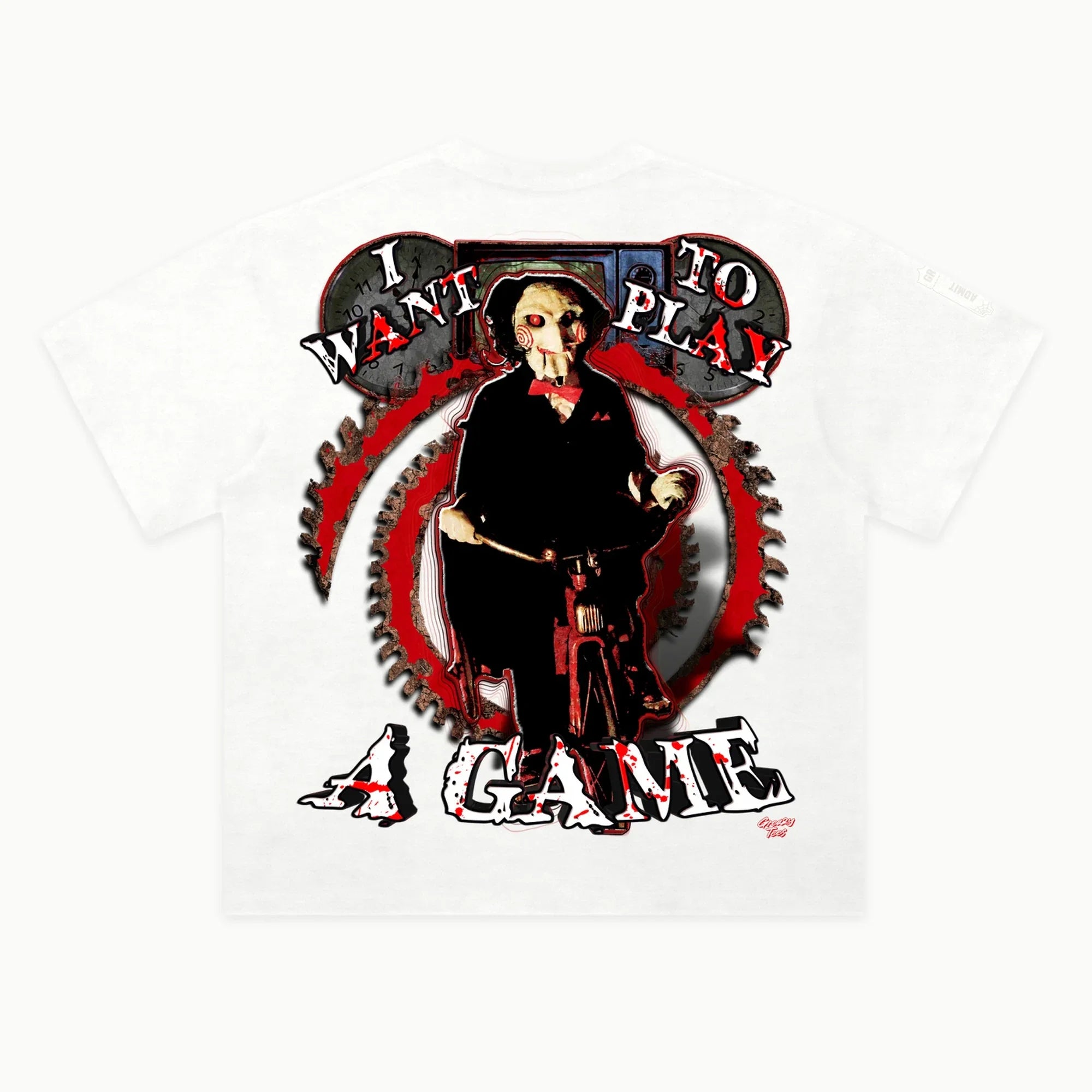 Saw Tee in White, back view — Greazy Tees Drop 7 Halloween