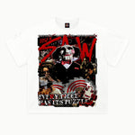 Saw Tee in White, front view — Greazy Tees Drop 7 Halloween