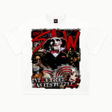 Saw Tee in White, front view — Greazy Tees Drop 7 Halloween