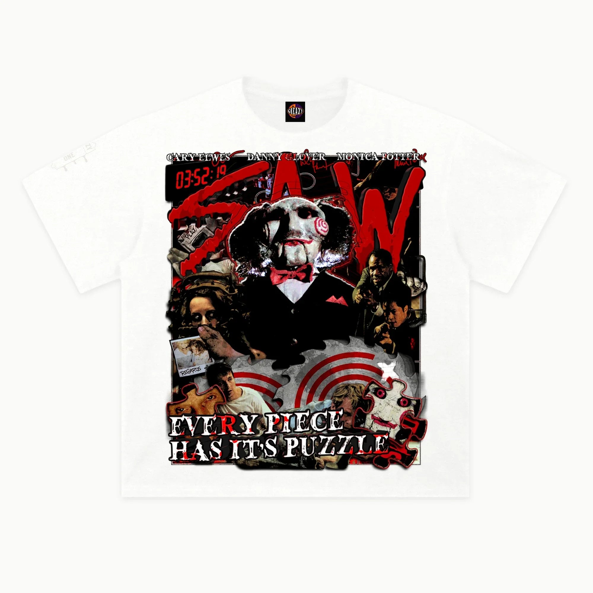 Saw Tee in White, front view — Greazy Tees Drop 7 Halloween