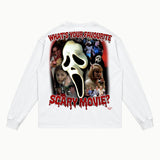 Scream 1996 Long Sleeved Tee in White, back view — Greazy Tees Drop 7 Halloween