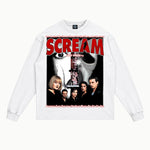 Scream 1996 Long Sleeved Tee in White, front view — Greazy Tees Drop 7 Halloween