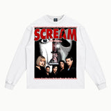 Scream 1996 Long Sleeved Tee in White, front view — Greazy Tees Drop 7 Halloween
