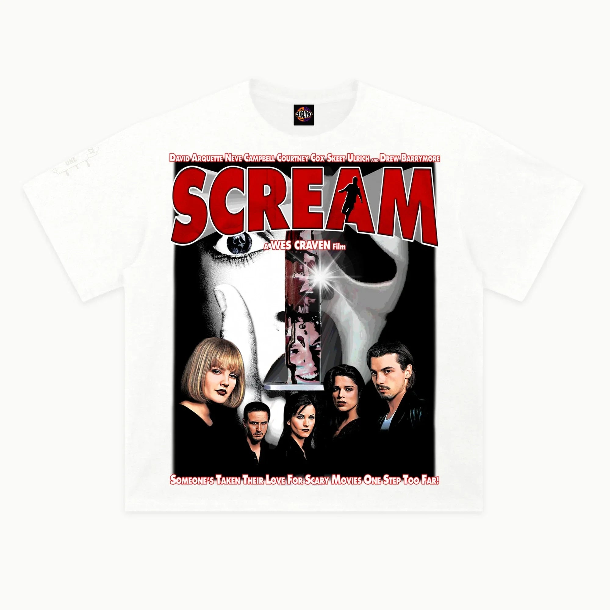 Scream Tee in White, front view — Greazy Tees Drop 7 Halloween