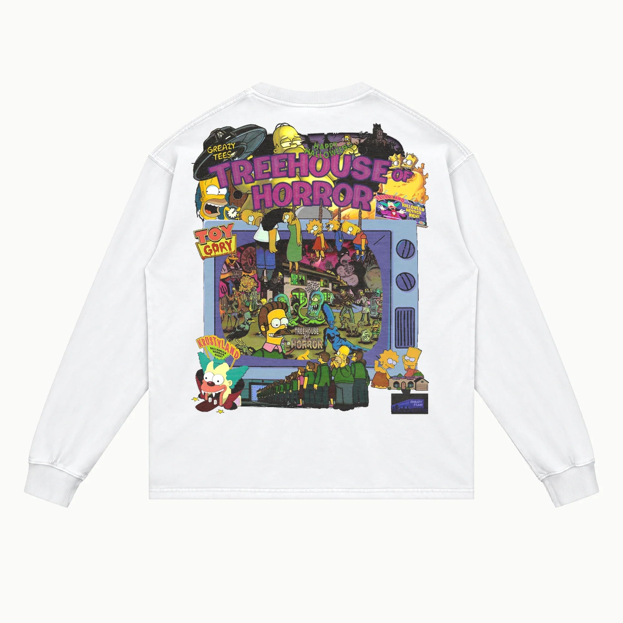 Simpsons Treehouse of Horror Long Sleeved Tee in White, back view — Greazy Tees Drop 7 Halloween