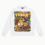 Simpsons Treehouse of Horror Long Sleeved Tee in White, front view — Greazy Tees Drop 7 Halloween
