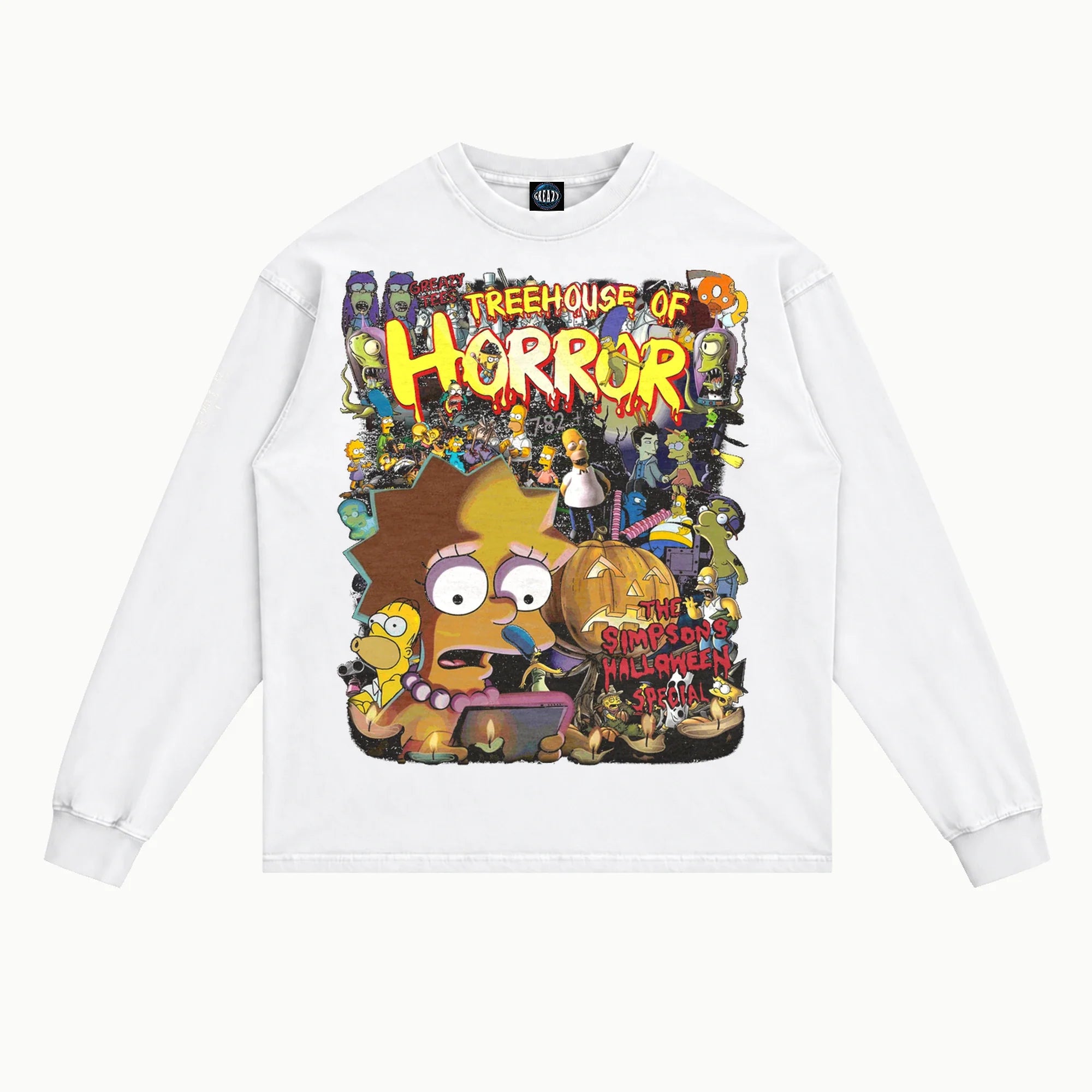 Simpsons Treehouse of Horror Long Sleeved Tee in White, front view — Greazy Tees Drop 7 Halloween