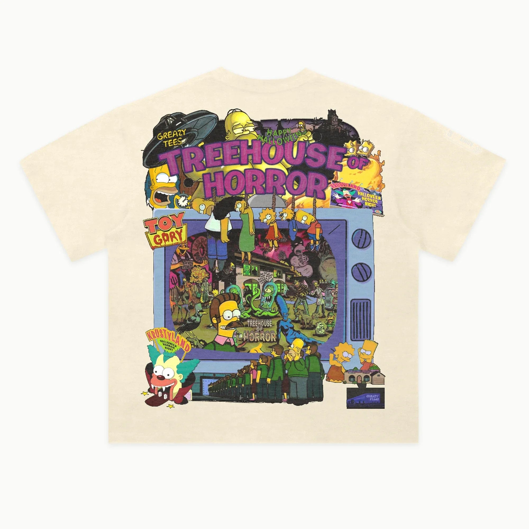 Simpsons Treehouse of Horror Tee in Off White, back view — Greazy Tees Drop 7 Halloween
