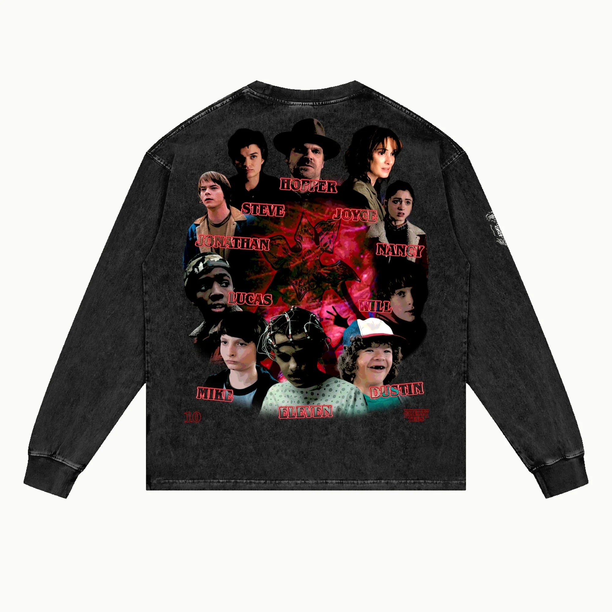 Stranger Things Long Sleeved Tee in Vintage Black, back view — Greazy Tees Drop 7 Halloween
