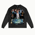Stranger Things Long Sleeved Tee in Vintage Black, front view — Greazy Tees Drop 7 Halloween