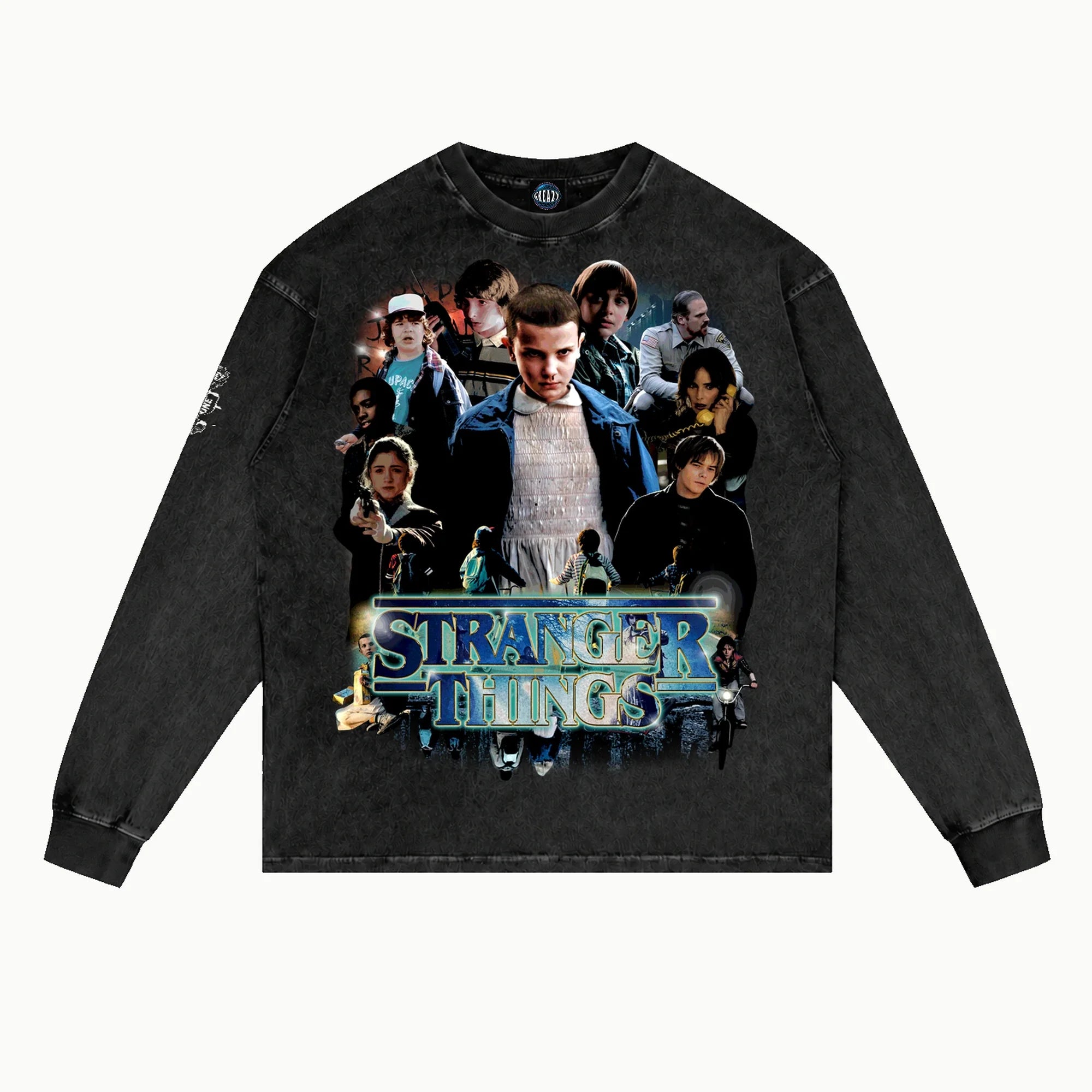 Stranger Things Long Sleeved Tee in Vintage Black, front view — Greazy Tees Drop 7 Halloween