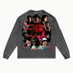 Stranger Things Long Sleeved Tee in Vintage Grey, back view — Greazy Tees Drop 7 Halloween