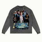 Stranger Things Long Sleeved Tee in Vintage Grey, front view — Greazy Tees Drop 7 Halloween