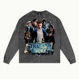 Stranger Things Long Sleeved Tee in Vintage Grey, front view — Greazy Tees Drop 7 Halloween