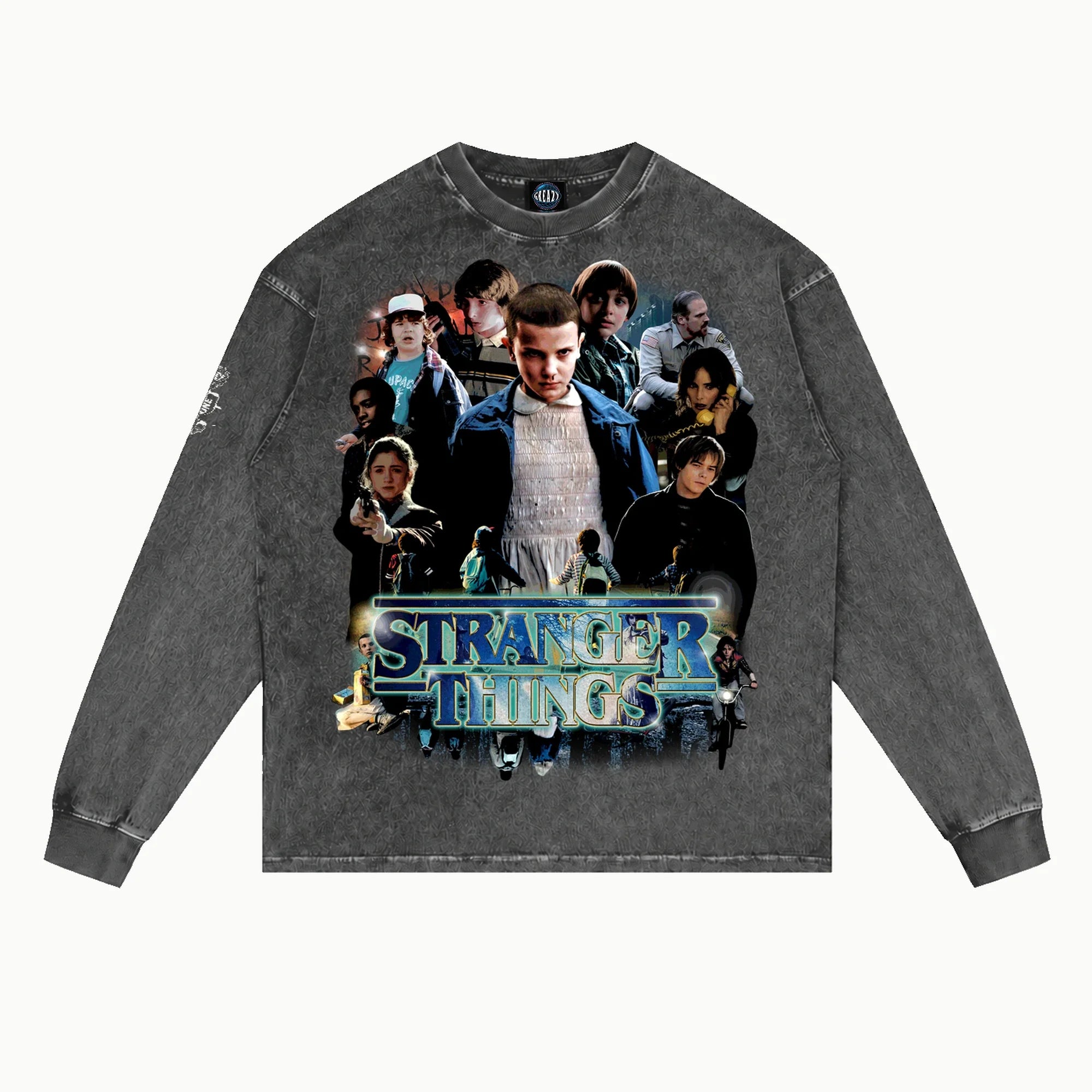 Stranger Things Long Sleeved Tee in Vintage Grey, front view — Greazy Tees Drop 7 Halloween