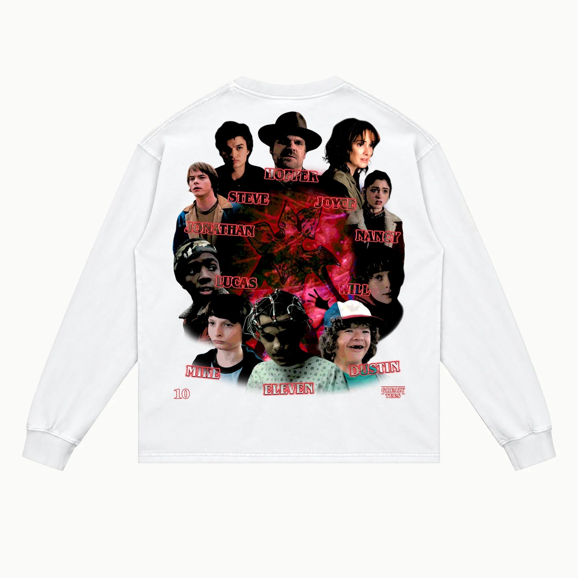 Stranger Things Long Sleeved Tee in White, back view — Greazy Tees Drop 7 Halloween