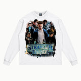 Stranger Things Long Sleeved Tee in White, front view — Greazy Tees Drop 7 Halloween