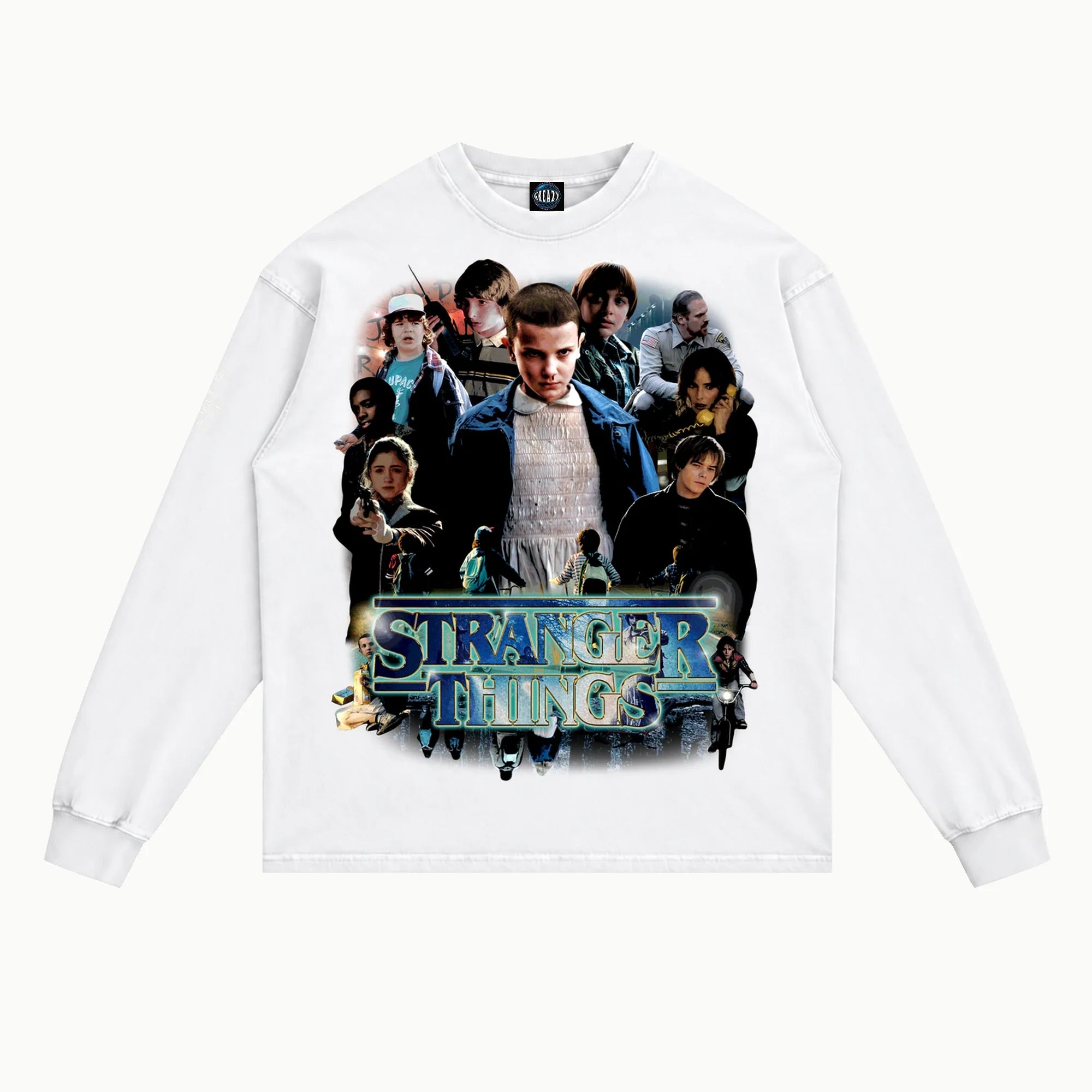 Stranger Things Long Sleeved Tee in White, front view — Greazy Tees Drop 7 Halloween