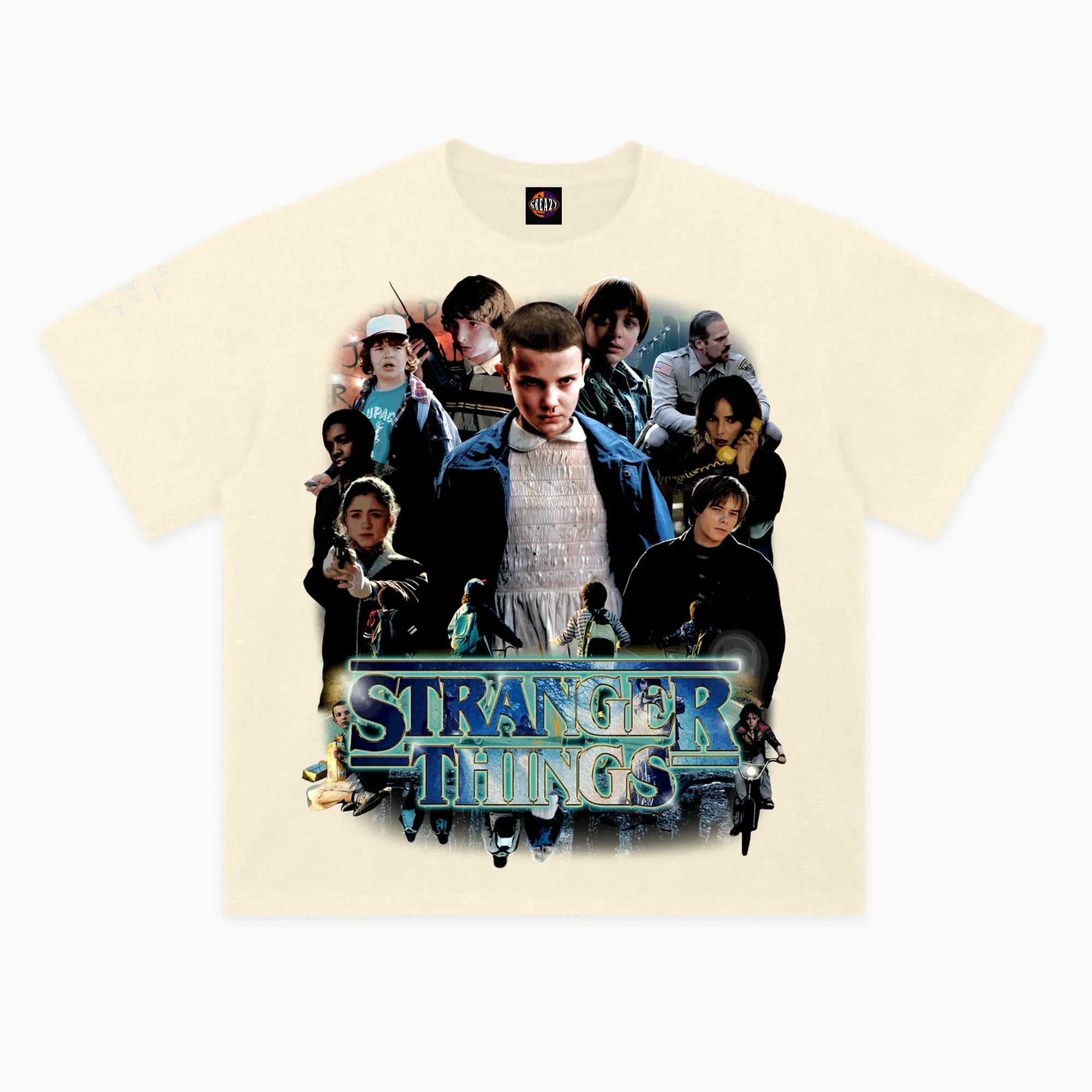 Stranger Things Tee in Off White, front view — Greazy Tees Drop 7 Halloween