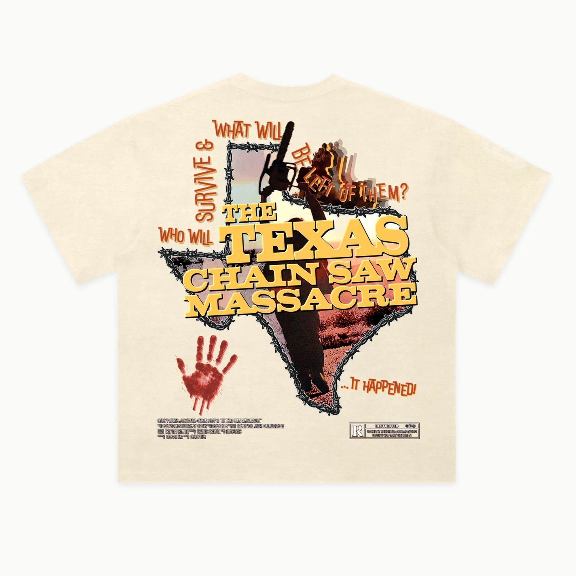 Texas Chain Saw Massacre Tee in Off White, back view — Greazy Tees Drop 7 Halloween