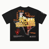 Texas Chain Saw Massacre Tee in Vintage Black, back view — Greazy Tees Drop 7 Halloween