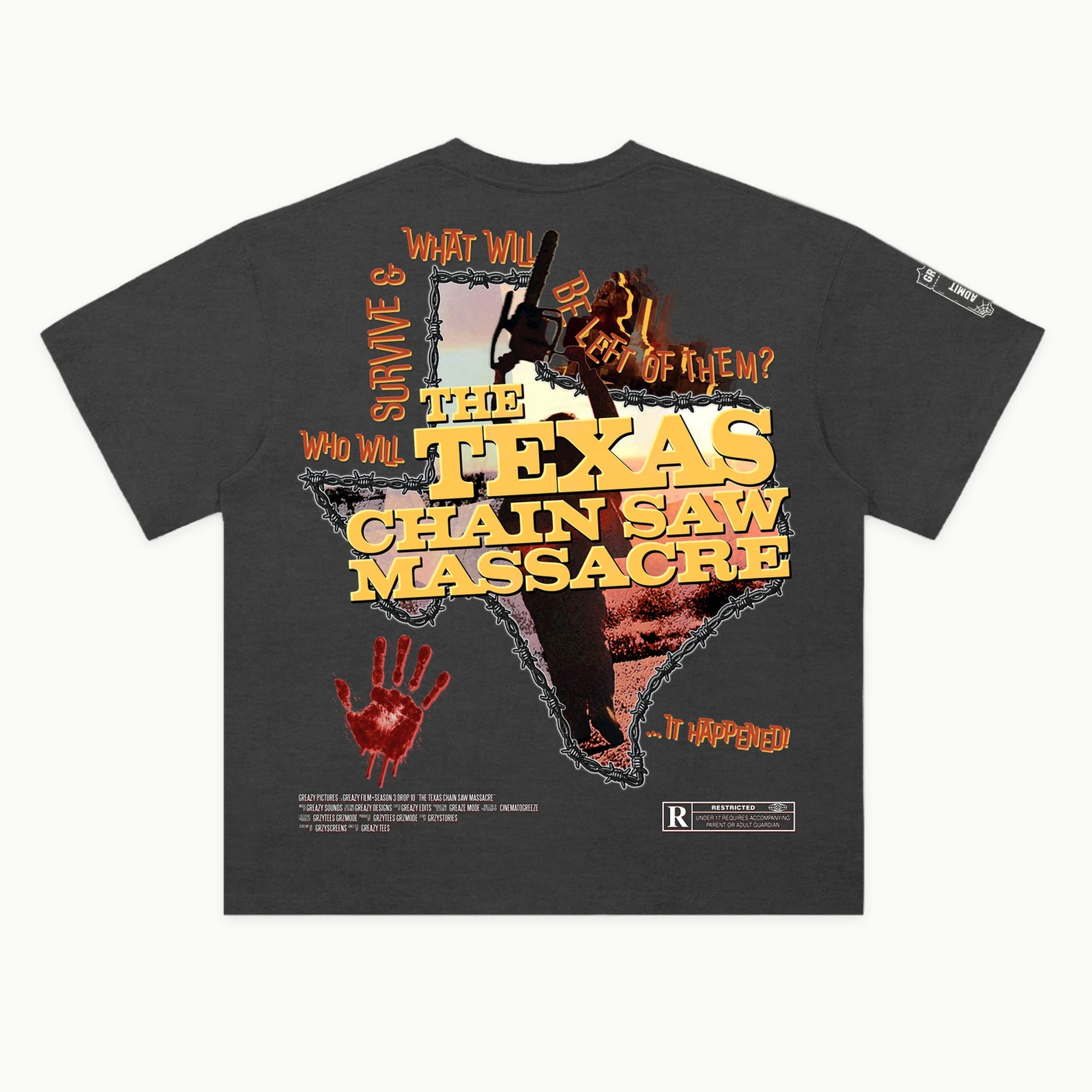 Texas Chain Saw Massacre Tee in Vintage Grey, back view — Greazy Tees Drop 7 Halloween
