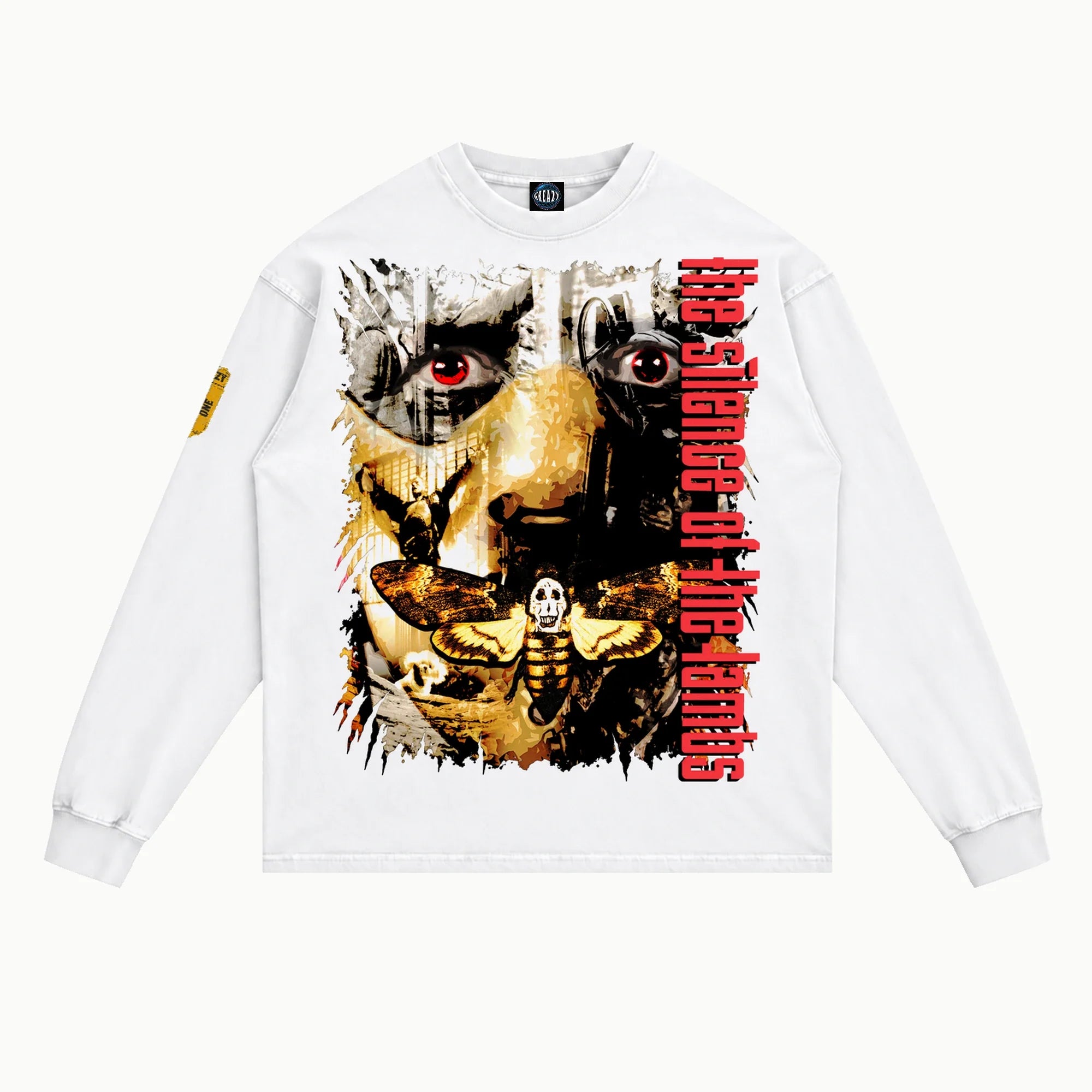 The Silence of the Lambs Long Sleeved Tee in White, front view — Greazy Tees Drop 7 Halloween