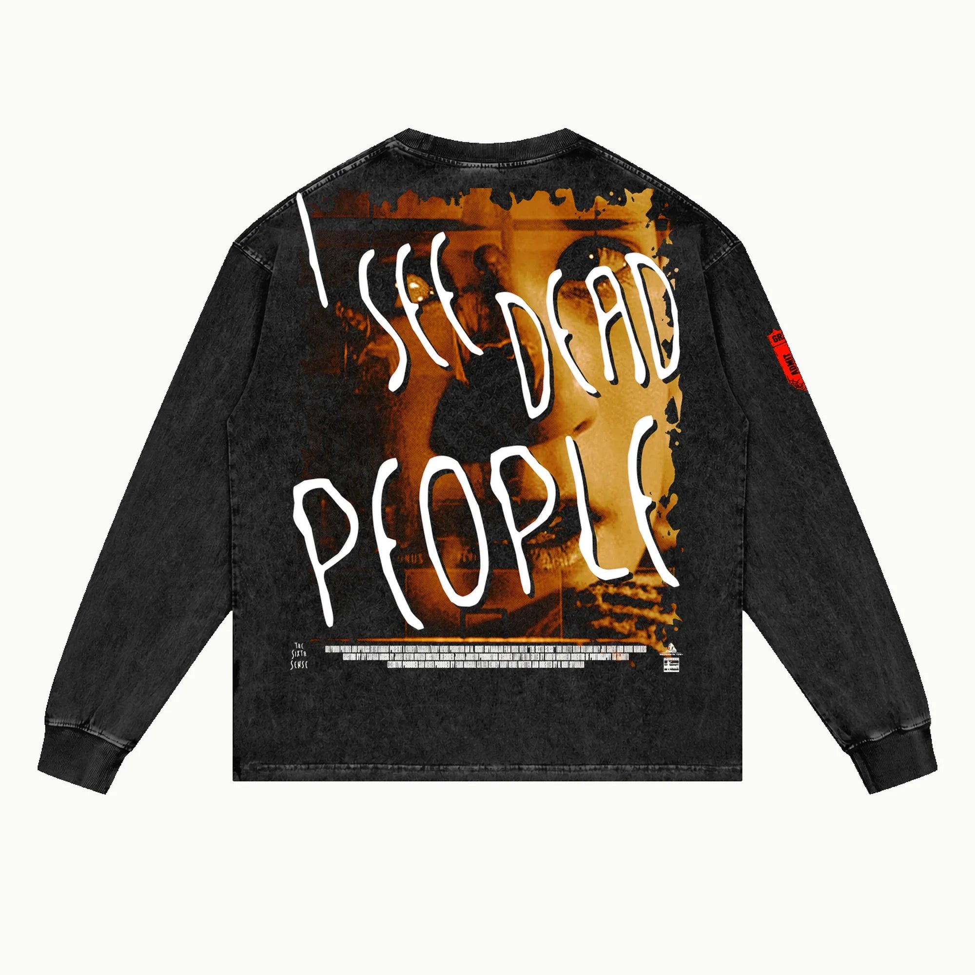 The Sixth Sense Long Sleeved Tee in Vintage Black, back view — Greazy Tees Drop 7 Halloween