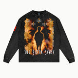 The Sixth Sense Long Sleeved Tee in Vintage Black, front view — Greazy Tees Drop 7 Halloween