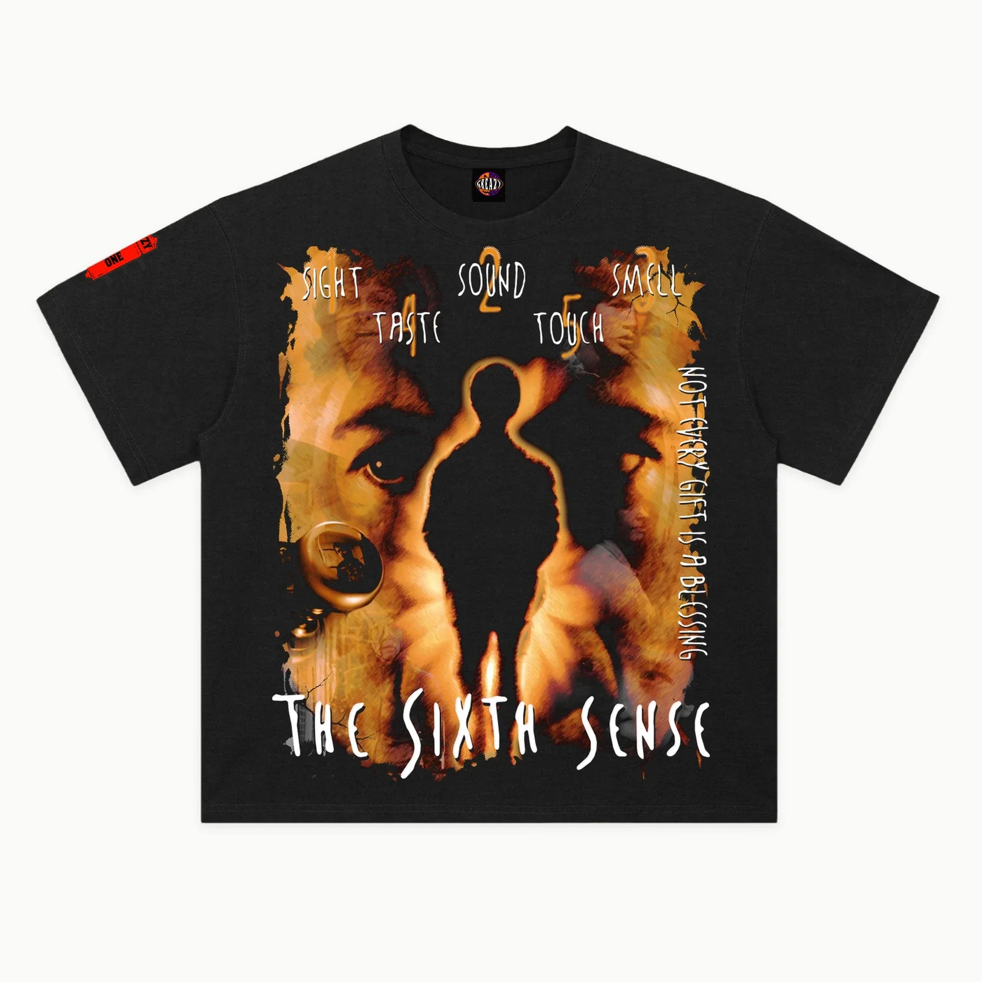 The Sixth Sense Tee in Vintage Black, front view — Greazy Tees Drop 7 Halloween