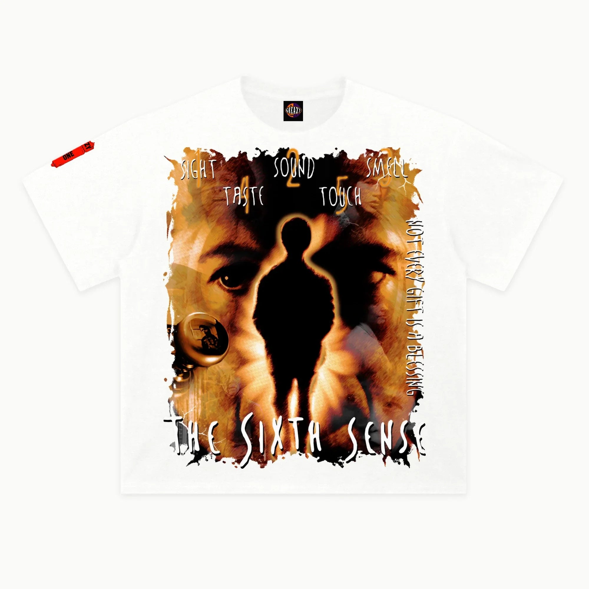 The Sixth Sense Tee in White, front view — Greazy Tees Drop 7 Halloween