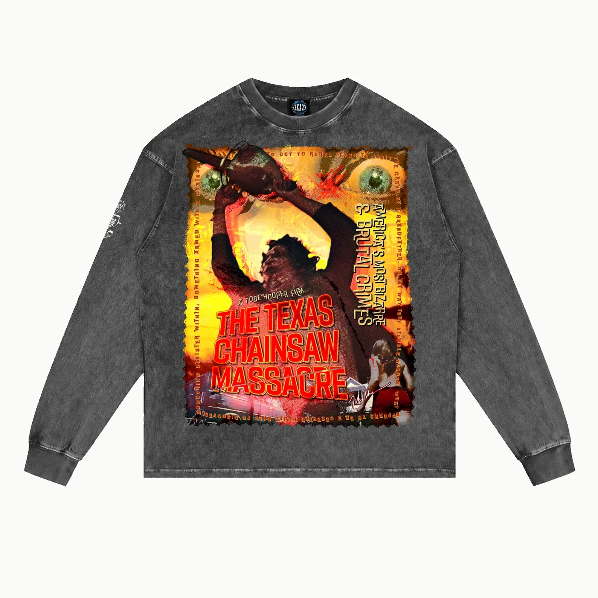 The Texas Chain Saw Massacre Long Sleeved Tee in Vintage Grey, front view — Greazy Tees Drop 7 Halloween